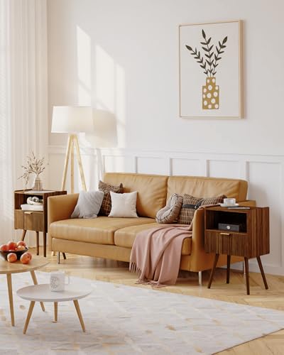 Modern Bedside Table Nightstand with Drawer and Open Shelf - Walnut Brown