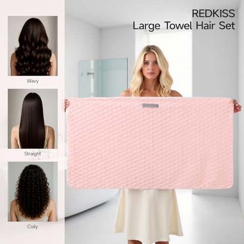 REDKISS 3-Pack Microfiber Hair Towels for Women - Extra Large 24x42 Inch Pink, Grey & Blue, Soft Fast-Dry Wraps with Elastic Band