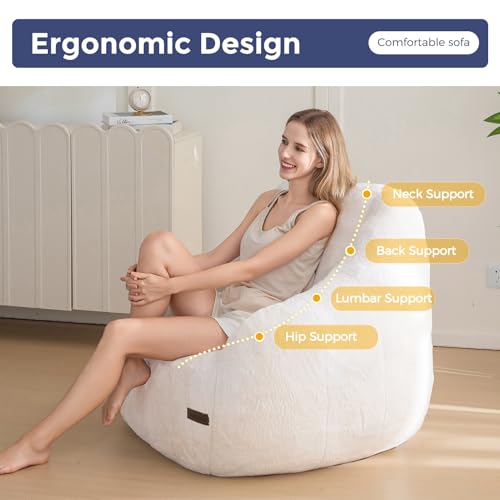 Faux Fur Bean Bag Chair with Back Support - Soft Stuffed Floor Sofa