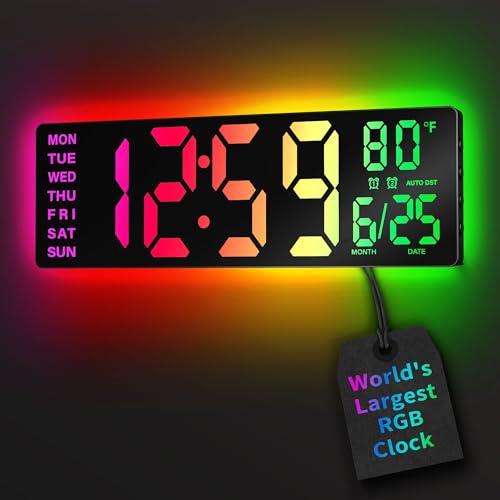 16.5" Large Digital Wall Clock with 11 RGB Lights, BT Sync & Remote Control