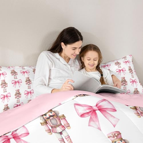 Pink White Twin Bedding Set with Christmas Nutcracker & Bowknot - All Season Girls Bedroom Decor