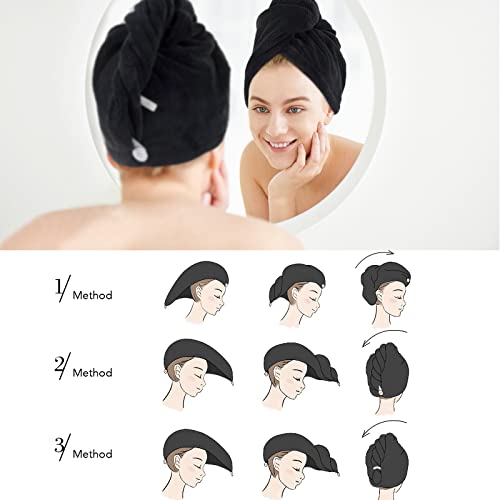 SINLAND Microfiber Hair Drying Cap 3 Pack Black, 25.6 x 9.8 inches - Fast Absorbent Towel for All Hair Types