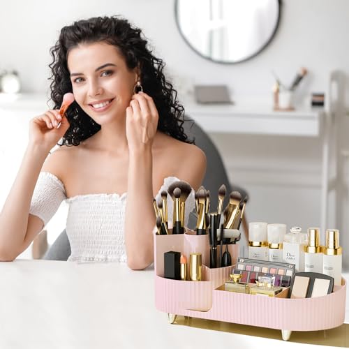 Pink Rotating Vanity Organizer with Brush Holder - Large Spinning Makeup & Skincare Storage, COMFYROOM