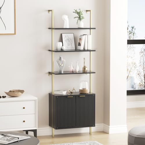 71-Inch Ladder Bookshelf with Storage Cabinet, Wall-Mounted Display Shelf