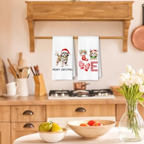 Christmas Shih Tzu Kitchen Dish Towels 2 Pack - Casual Holiday Dog Lover Gift