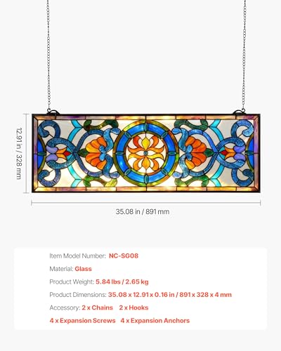 Stained Glass Window Panel - 35.1" x 12.9" Vintage Style Art