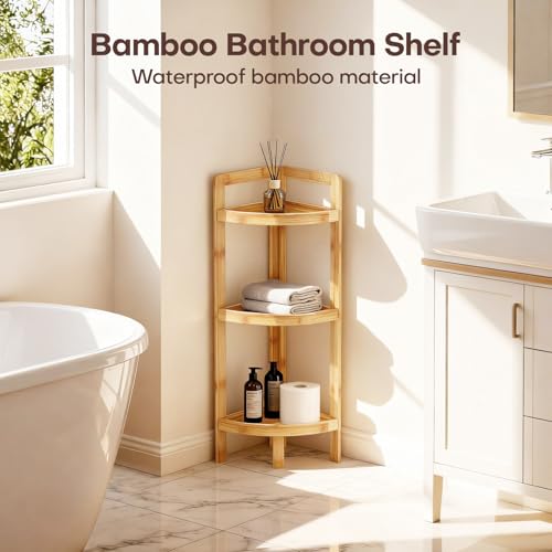 3-Tier Bamboo Corner Shelf, Free-Standing Triangular Storage Rack