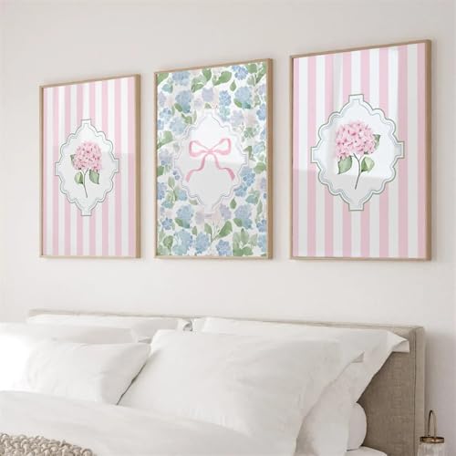 3-Piece Hydrangea Floral Canvas Wall Art Set, Stretched Pine Frame Prints