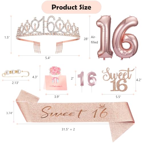Rose Gold Sweet 16 Birthday Decoration Set for Girls with Sash and Tiara