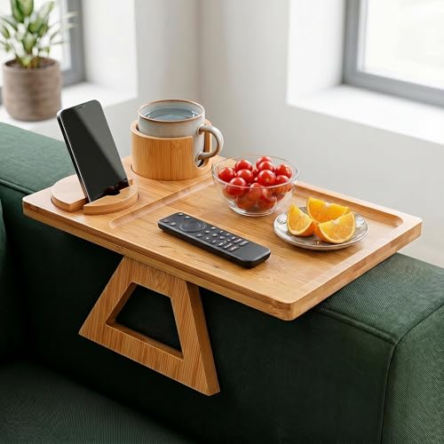 Bamboo Couch Armrest Table with Cup Holder and 360° Phone Stand