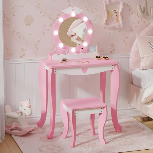 Kids Vanity Set with Lighted Mirror and Stool, Pink Princess Makeup Table