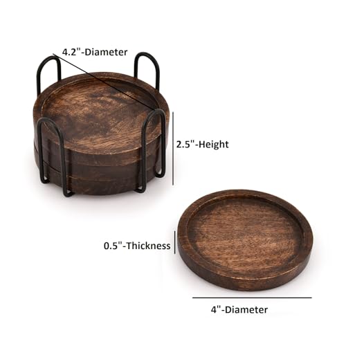 Mango Wood Drink Coasters Set with Iron Holder - 4 Pieces, Tabletop Protection
