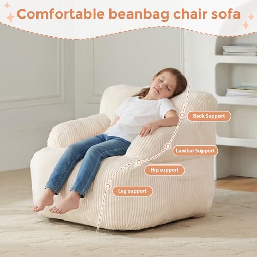 Kids Bean Bag Chair with Armrests and Side Pocket, Soft Corduroy Sofa