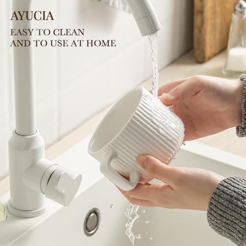 AYUCIA White Cream 8oz Cappuccino Cups Set of 4 with Saucers & Spoons