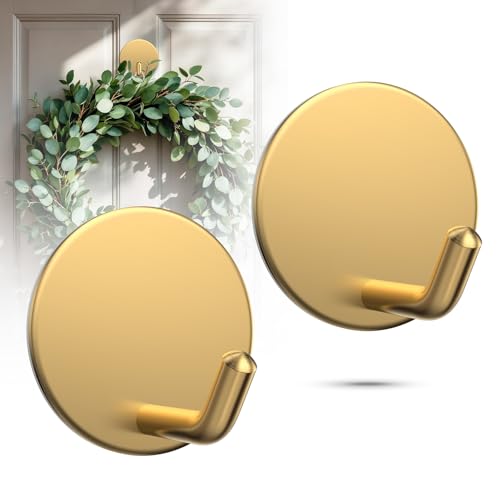 Heavy-Duty Adhesive Wreath Hanger 2-Pack - Front Door Metal Hook, Gold