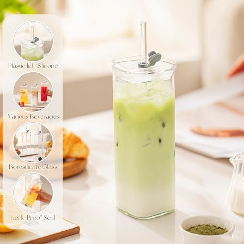 KEMORELA Clear Square Drinkware Set - 6 Pcs, 17 oz Modern Glass Tumblers with Lids & Straws