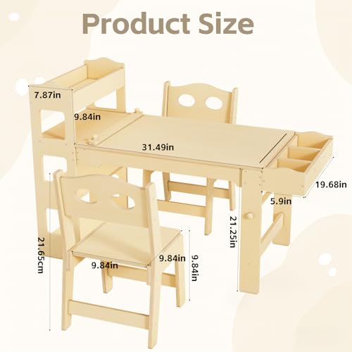Kids Wooden Art Table and 2 Chairs Set with Paper Roll and Storage