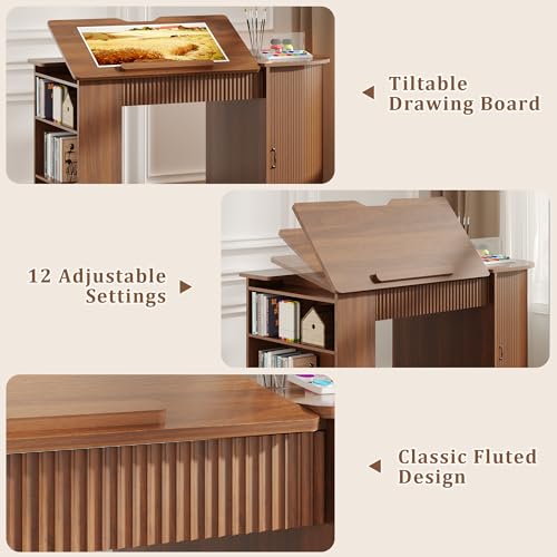 Adjustable Drafting Table with Storage, Walnut Art Desk & Charging Station