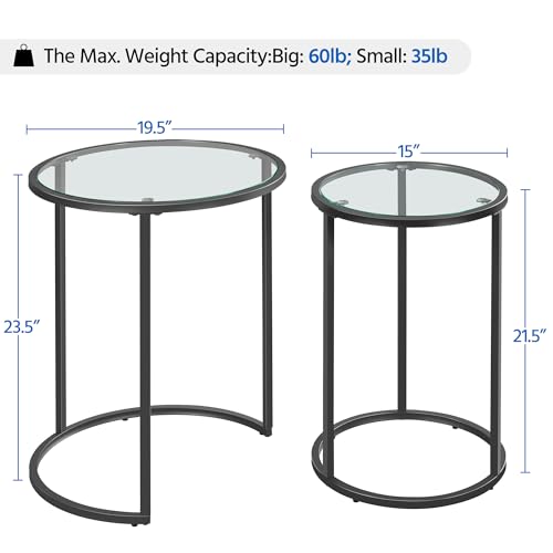 2-Piece Round Nesting Side Table Set with Tempered Glass Top