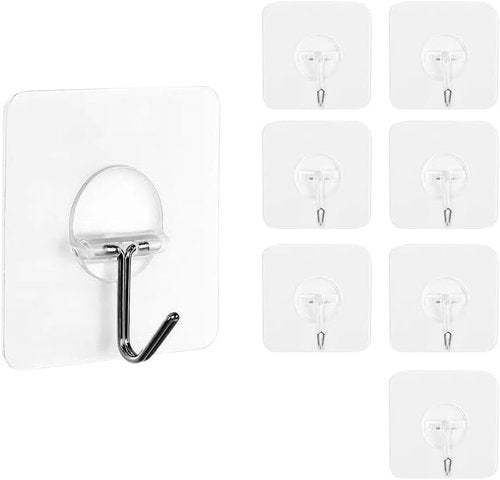 Kimono Heavy-Duty Adhesive Hooks - Transparent Waterproof Wall Hooks for Keys & Towels | 8-Pack