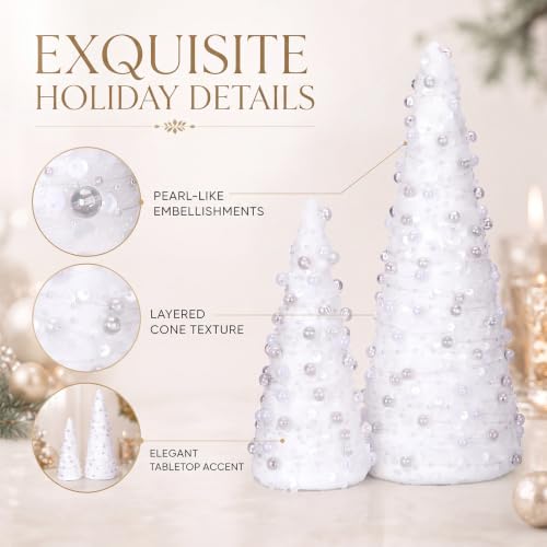 2 Sets Pearl Mini Christmas Tree Decorations - 2 Sizes, Elegant Tabletop Holiday Decor
