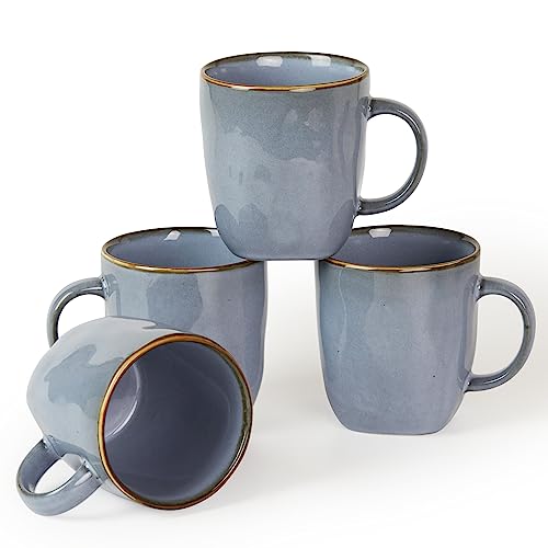 Famiware Ocean Square Blue Coffee Mug Set of 4, 13oz Stoneware Cups with Handle