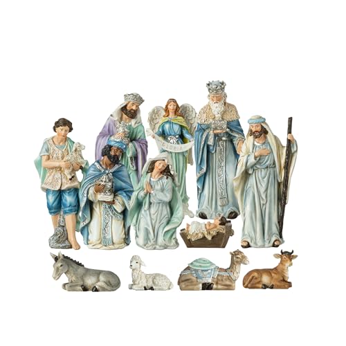12-Piece Nativity Scene Set - 10-Inch Hand-Painted Blue Resin Figurines