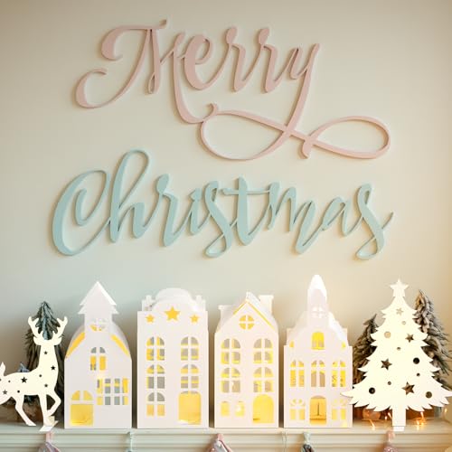 13Pcs Lighted White Christmas Village Houses Set with Trees & Reindeer