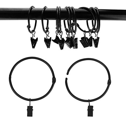 3-Inch Openable Metal Curtain Rings with Clips, 12 Pack, Black