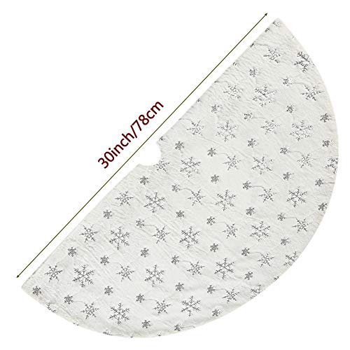 White Plush Christmas Tree Skirt 30 Inch with Silver Sequin Snowflakes