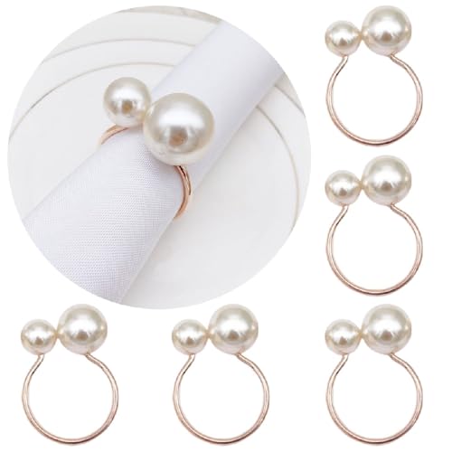 Round-Rose Gold Pearl Napkin Rings Set of 6 for Wedding & Party Table Decorations
