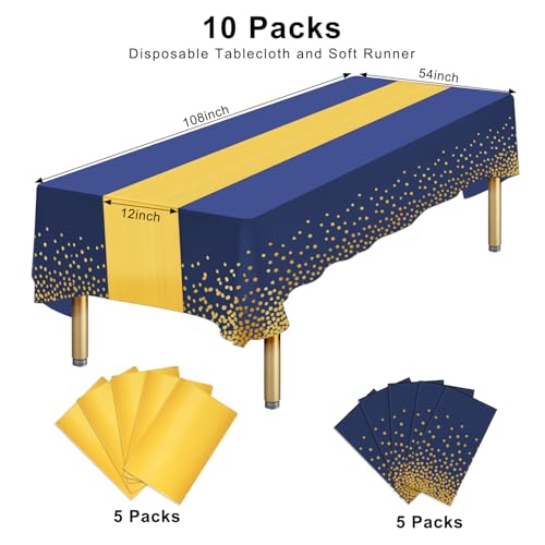 Ammbeetty 10 Packs Blue & Gold Disposable Tablecloths and Satin Table Runners