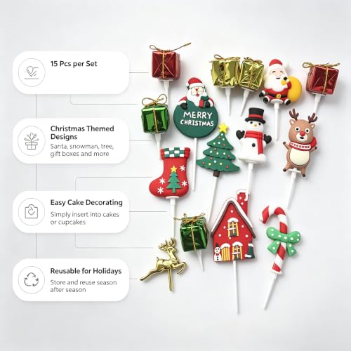 15-Piece Christmas Cake Topper Set - Festive Holiday Decorations for Cakes & Cupcakes