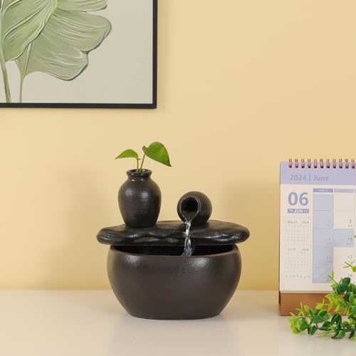 Black Ceramic Tabletop Water Fountain for Indoor Home & Office Decor