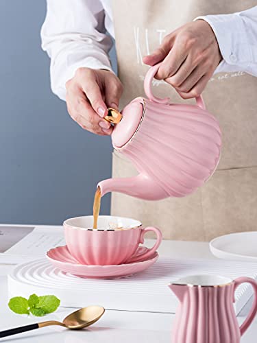 Jusalpha Pink Tea Set for 4 - 17-Piece Coffee & Tea Service with Cups, Saucer, Teapot, Sugar Bowl, Creamer & Accessories - Serve in Style
