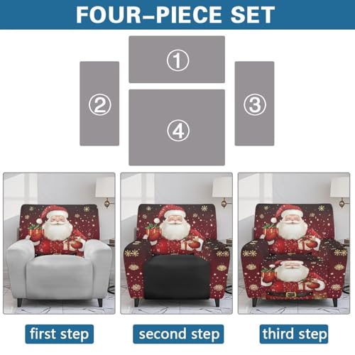 Cugasmaru Christmas Santa Recliner Chair Cover 4-Piece Slipcover Elastic Fitted Protector