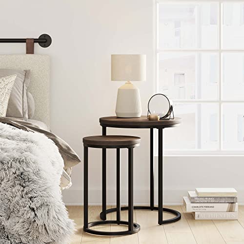 Round Nesting Side Table Set of 2, Modern Metal and Wood Accent End Tables