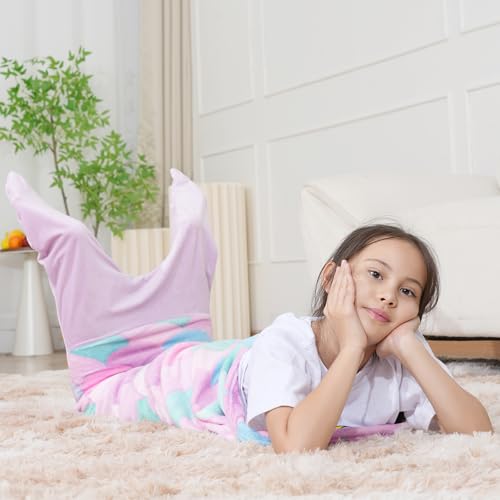 Kids Mermaid Tail Blanket - Soft Plush Flannel Wearable Blanket for Girls