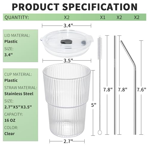 16 Oz Ribbed Reusable Iced Coffee Cups with Lids and Straws - Set of 2