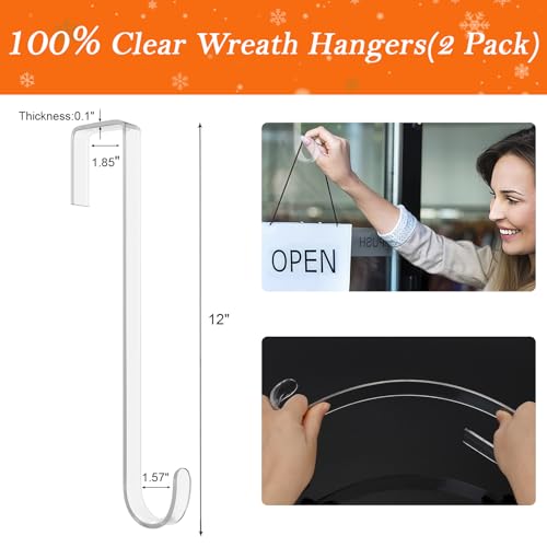 12-Inch Clear Over the Door Wreath Hangers (2 Pack) - Non-Scratch Door Hooks