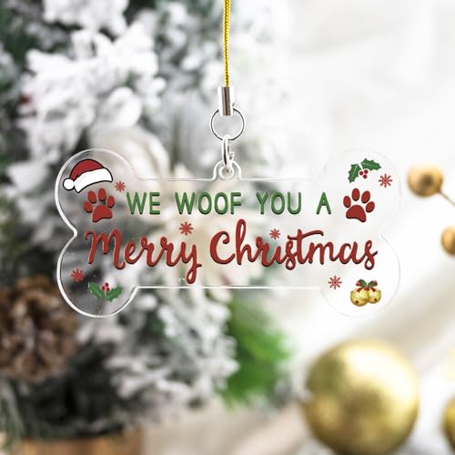 Sudikub Red Christmas Dog Stocking Ornament – Acrylic Holiday Gift, We Woof You A Merry Christmas
