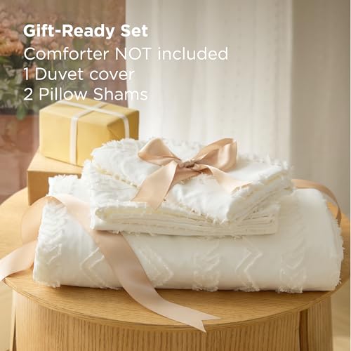Boho Tufted Queen Duvet Cover Set - 3-Piece White Bedding with Shams
