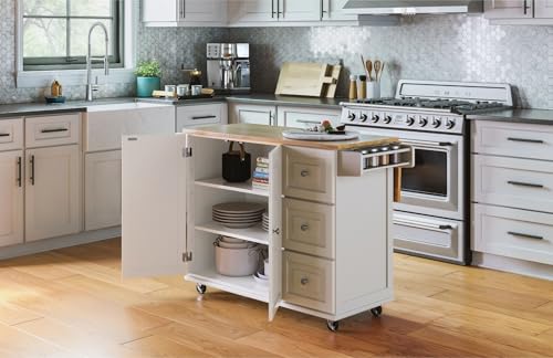 Mobile Kitchen Island Cart with Wood Drop Leaf & Storage Drawers, Off-White