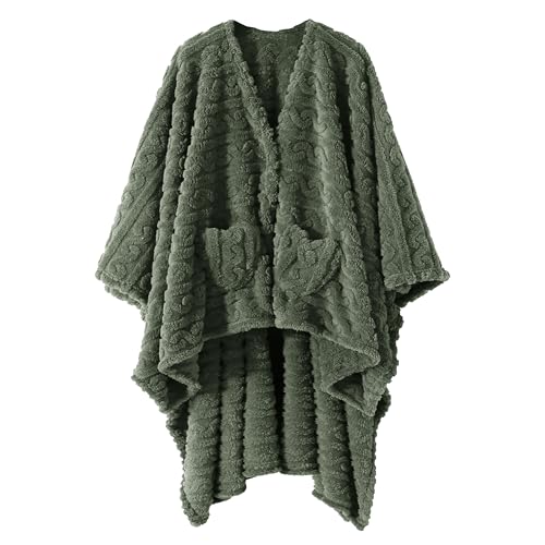 Wearable Blanket Poncho with Pockets, Soft Sherpa Fleece Shawl Wrap