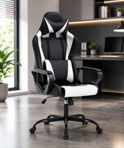 Ergonomic High-Back Gaming Chair with Lumbar Support, White PU Leather