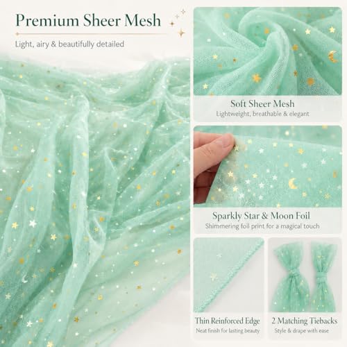 Green Star and Moon Bed Canopy Tulle Curtain for Girls Room, 60x158 Inch