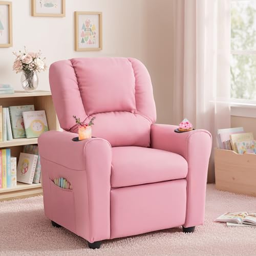 Kids Recliner Chair with Cup Holders and Storage, PU Leather Toddler Sofa