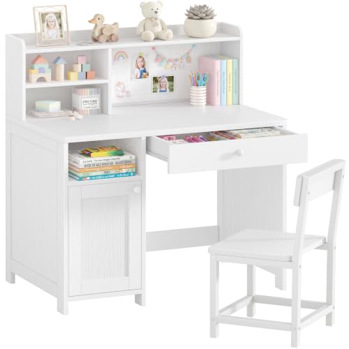 BOLUO Wooden Kids Study Desk with Storage & Chair Set, White for Ages 8-12