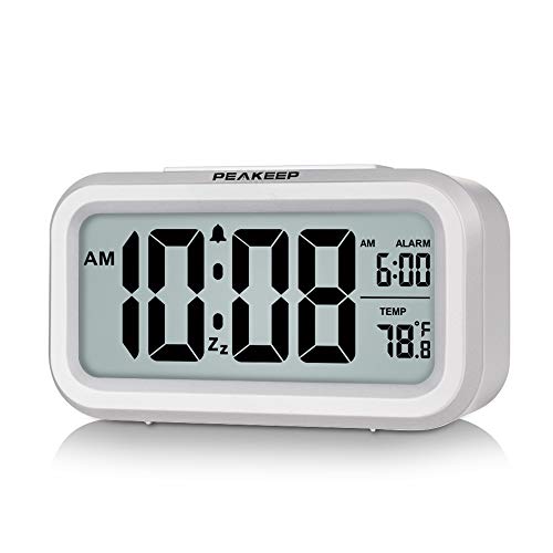 Digital Alarm Clock with Night Light & Temperature - Battery Operated (White)