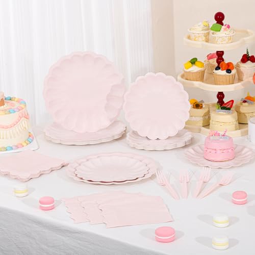 96-Piece Pink Scalloped Paper Plate and Napkin Party Set for 24 Guests